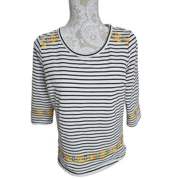 Pomelo Aztec Embroidered Top 3/4 Sleeve White & Black Striped Top Women's Medium - Picture 1 of 9